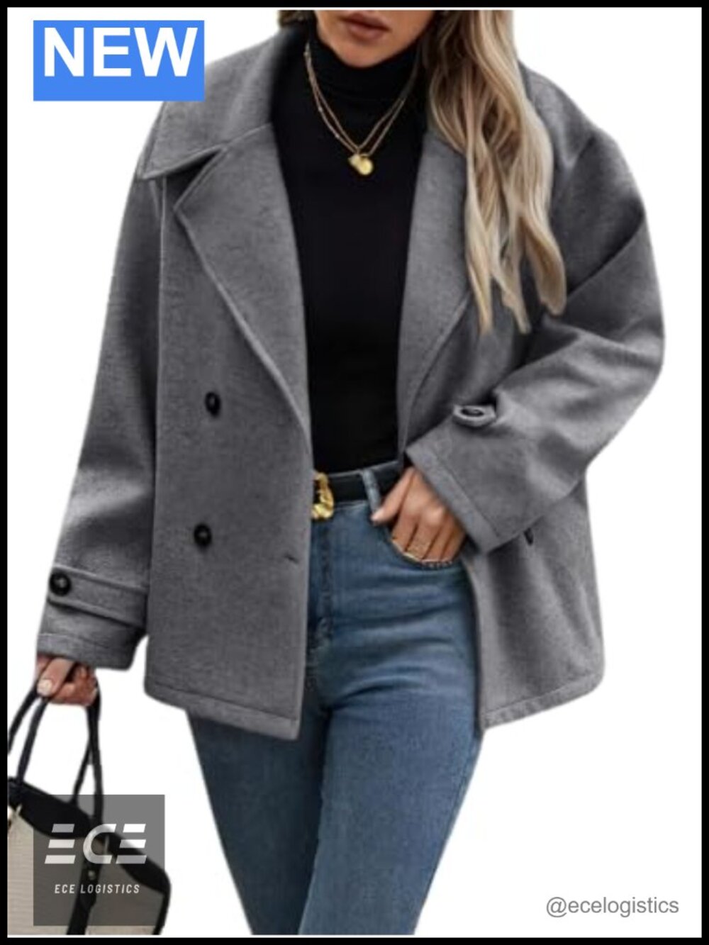 Wool Blend Cropped Pea Coat Button Down Notch Collar Loose Fit